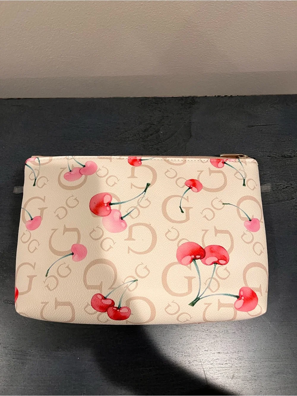 GUESS Cream Pink Cherry Logo Cosmetic Pouch - Picture 3 of 5